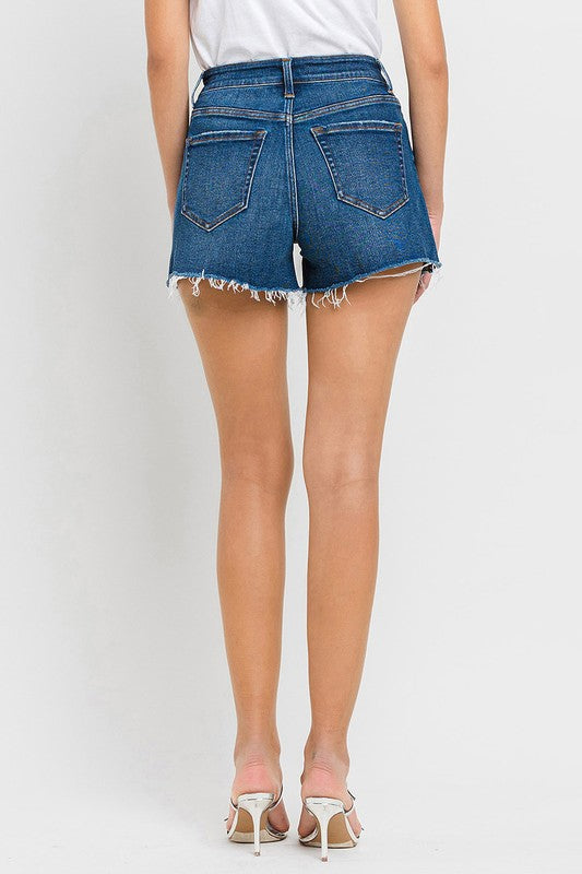 VERVET Swerve High Rise Side Slit Raw Hem Zip Fly Dark Wash A-Line Shorts