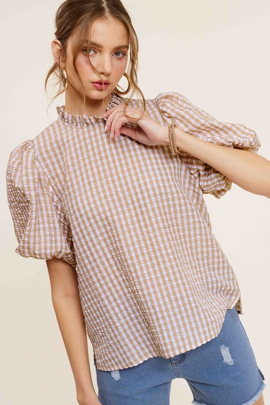 La Miel Gingham Check Print Puff Sleeves Side Slit Mock Neck Blouse