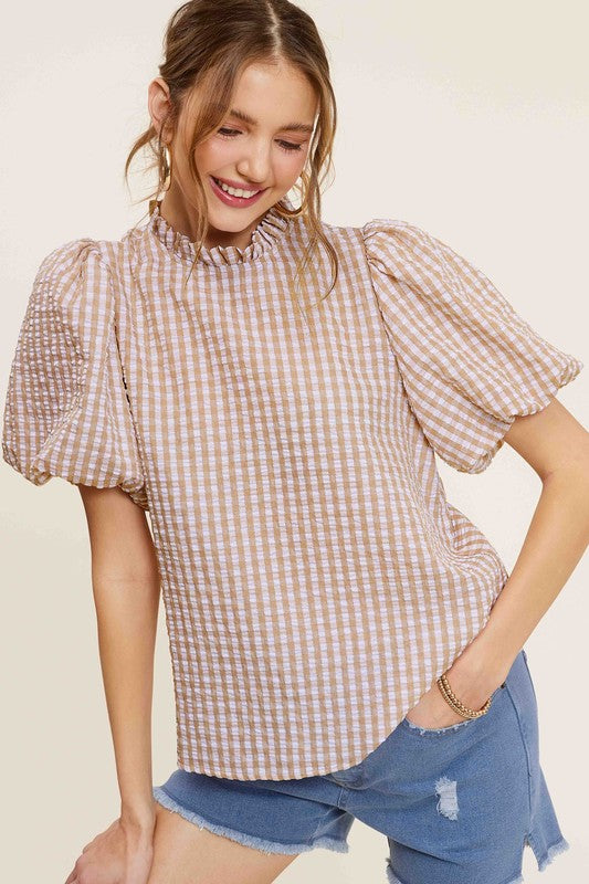 La Miel Gingham Check Print Puff Sleeves Side Slit Mock Neck Blouse