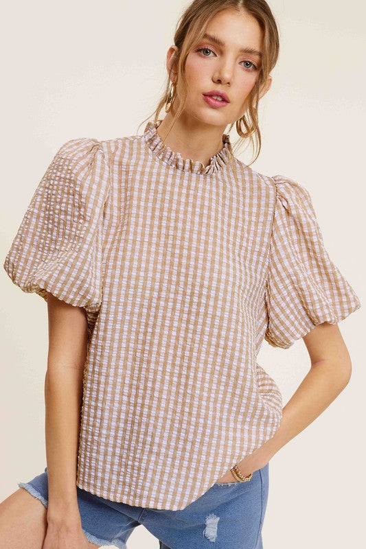 La Miel Gingham Check Print Puff Sleeves Side Slit Mock Neck Blouse