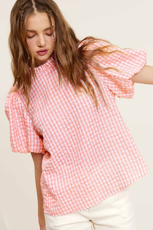 La Miel Gingham Check Print Puff Sleeves Side Slit Mock Neck Blouse