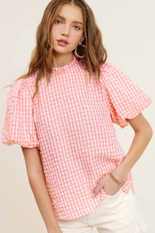 La Miel Gingham Check Print Puff Sleeves Side Slit Mock Neck Blouse