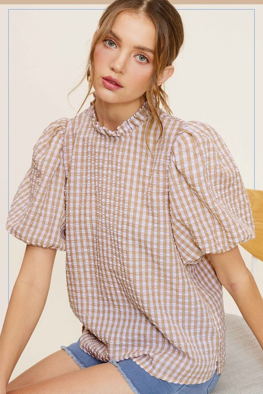 La Miel Gingham Check Print Puff Sleeves Side Slit Mock Neck Blouse