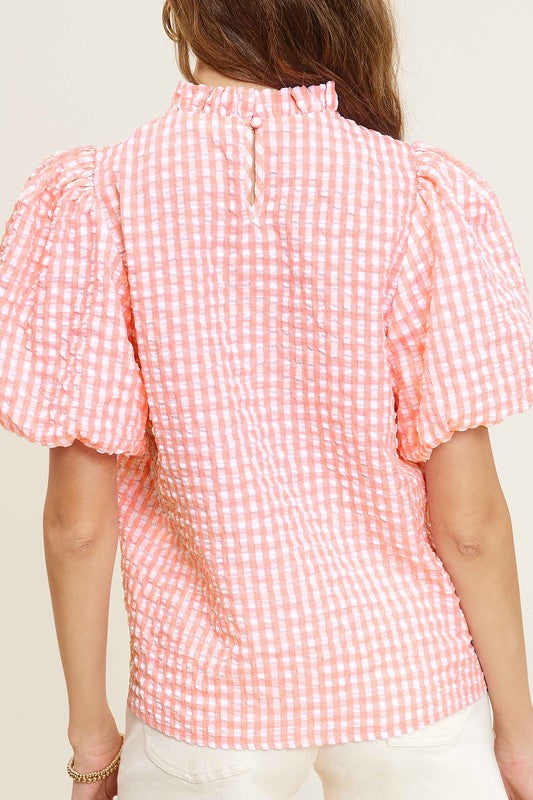 La Miel Gingham Check Print Puff Sleeves Side Slit Mock Neck Blouse