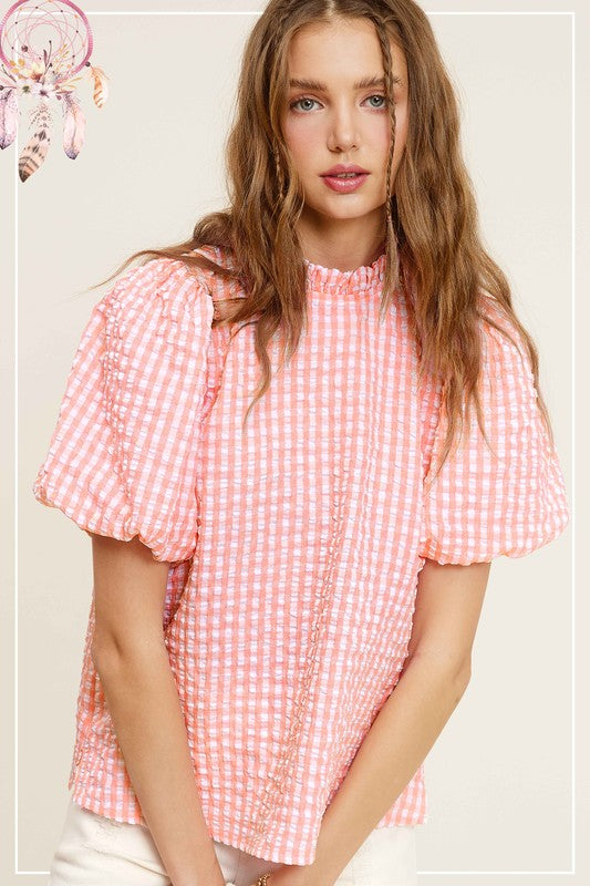 La Miel Gingham Check Print Puff Sleeves Side Slit Mock Neck Blouse