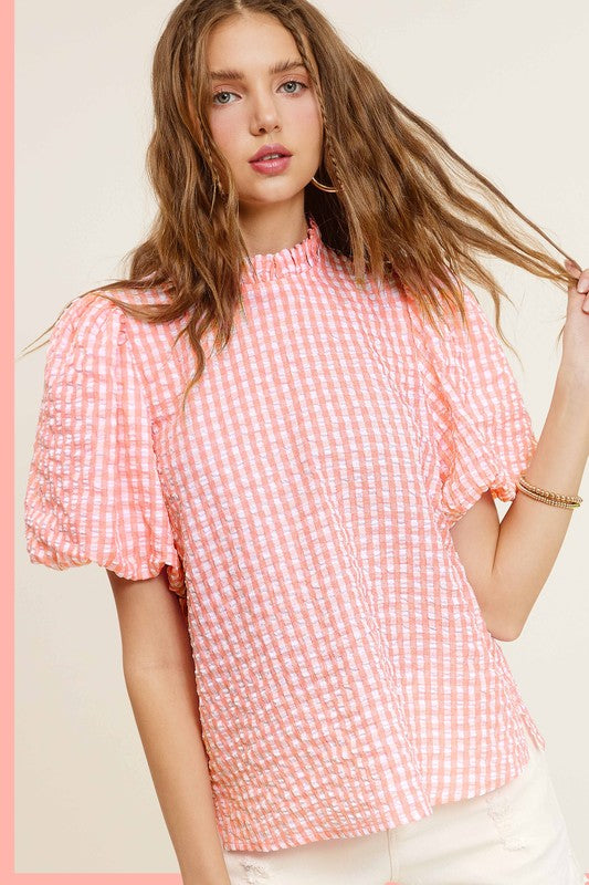 La Miel Gingham Check Print Puff Sleeves Side Slit Mock Neck Blouse