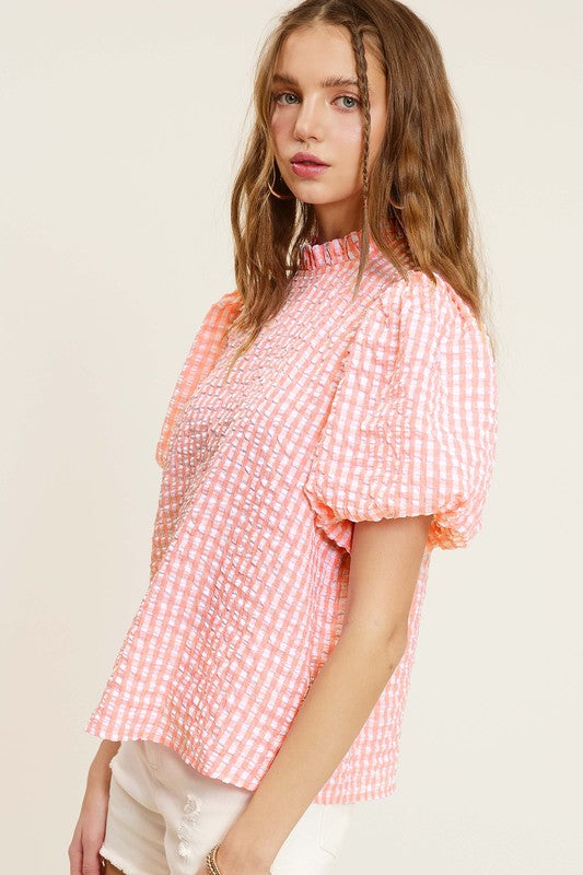 La Miel Gingham Check Print Puff Sleeves Side Slit Mock Neck Blouse