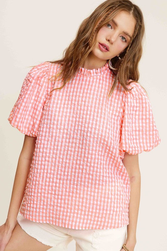 La Miel Gingham Check Print Puff Sleeves Side Slit Mock Neck Blouse