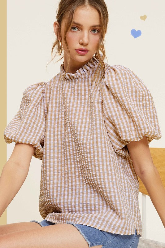 La Miel Gingham Check Print Puff Sleeves Side Slit Mock Neck Blouse