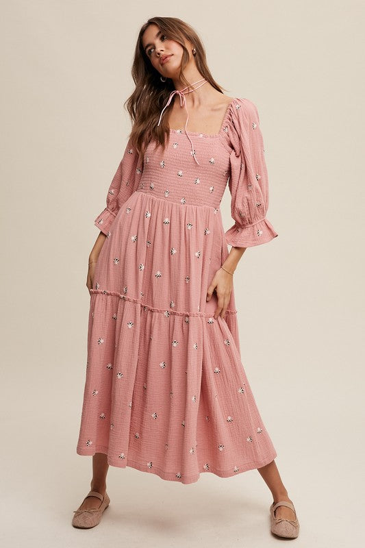 Listicle Romantic Ditzy Floral Embroidery Puff Sleeves Maxi Dress