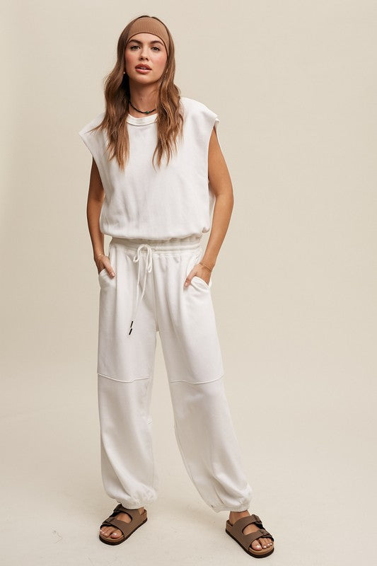 Listicle Athleisure French Terry Open Short Sleeves Jogger Jumpsuit