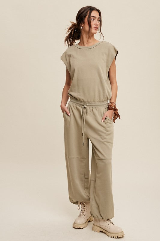 Listicle Athleisure French Terry Open Short Sleeves Jogger Jumpsuit