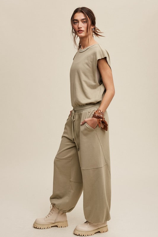 Listicle Athleisure French Terry Open Short Sleeves Jogger Jumpsuit