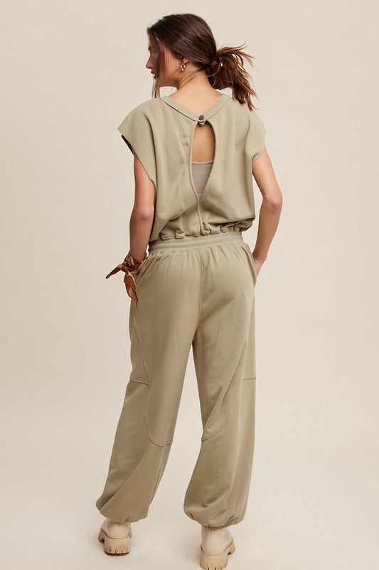 Listicle Athleisure French Terry Open Short Sleeves Jogger Jumpsuit