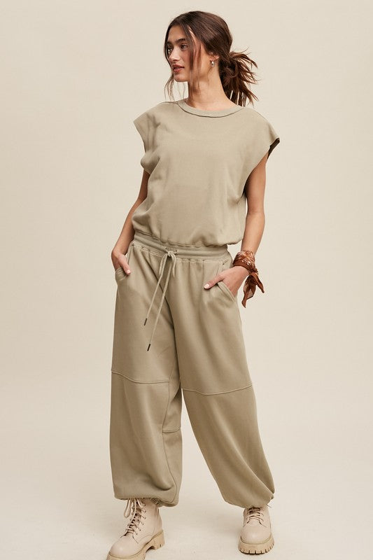 Listicle Athleisure French Terry Open Short Sleeves Jogger Jumpsuit