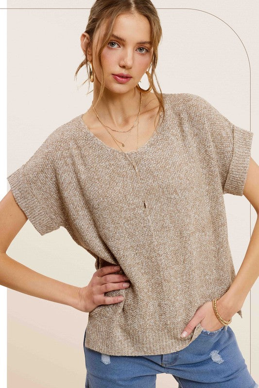 La Miel Soft Lightweight V-Neck Short Sleeves Relaxed Fit Sweater