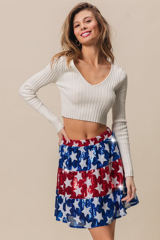 BiBi American Flag Theme Star Sequin Elastic Waist Tiered Mini Skirt | Blue/Red