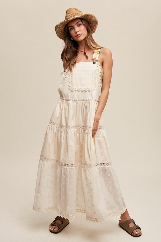 Listicle Square Neck Lace Hem Tiered Romantic Overall Maxi Dress