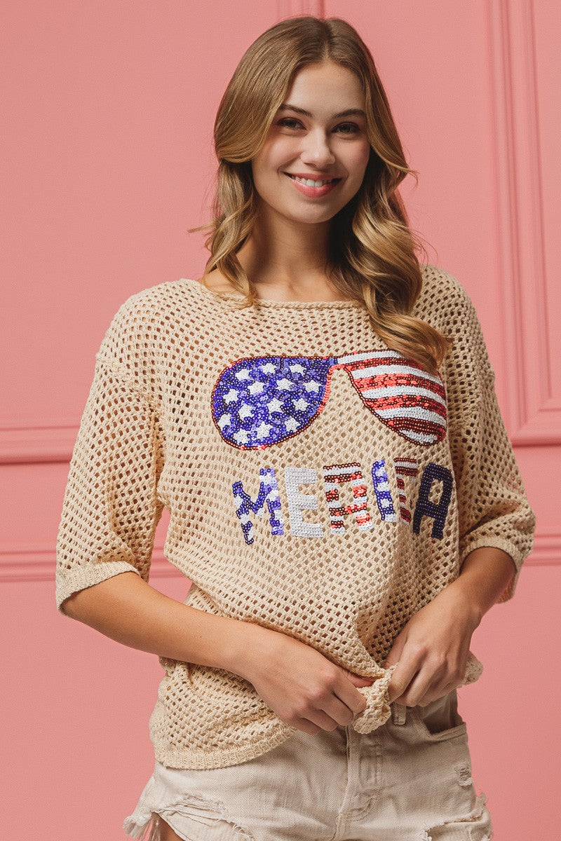 BiBi Sequin American Flag Sunglasses Pattern Open Knit Cover Up Top | Oatmeal