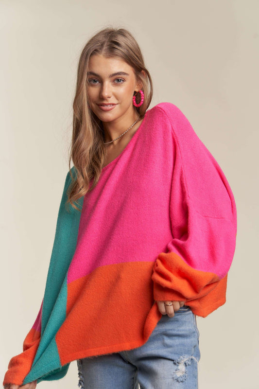ADORA Color Block Long Sleeves Round Neck Oversized Pullover Sweater | Hot Pink