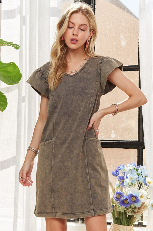 ADORA Mineral Washed V-Neck Ruffled Cap Sleeve Dress | Charcoal