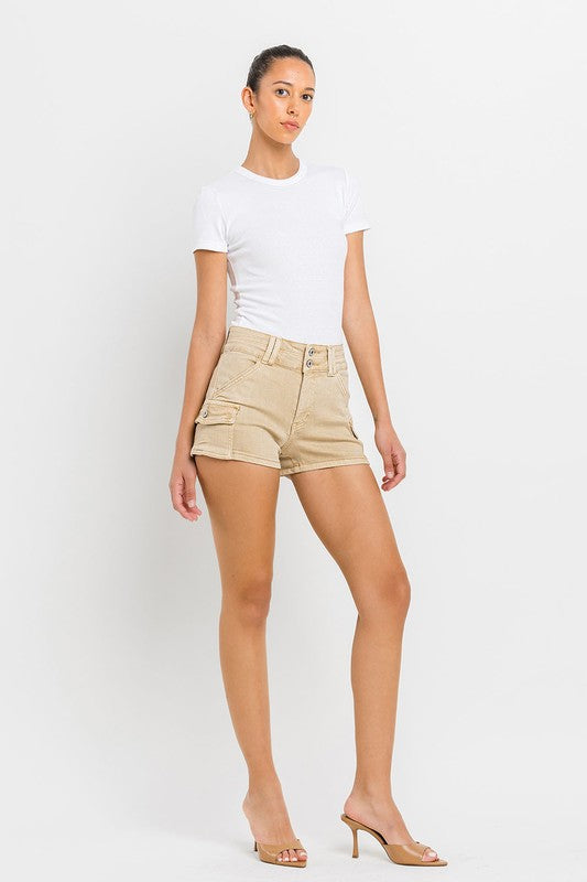 VERVET Khaki High Rise Double Waistband Cargo Pockets Stretch Denim Shorts