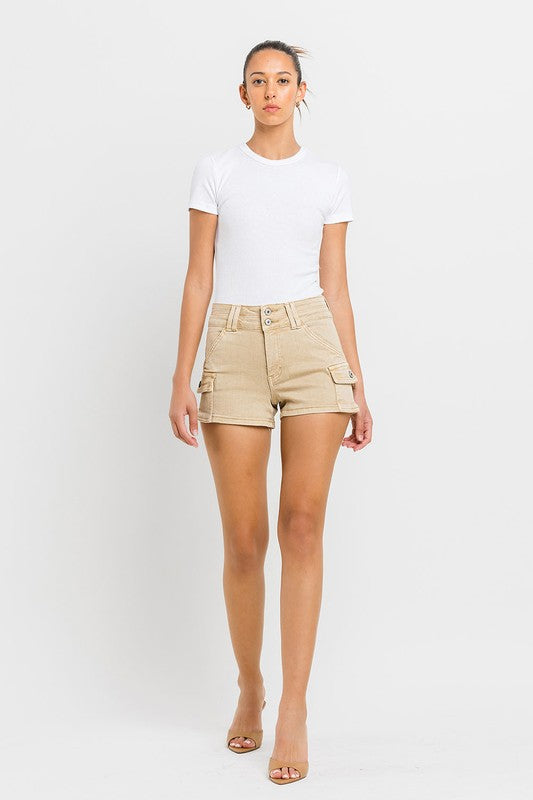 VERVET Khaki High Rise Double Waistband Cargo Pockets Stretch Denim Shorts