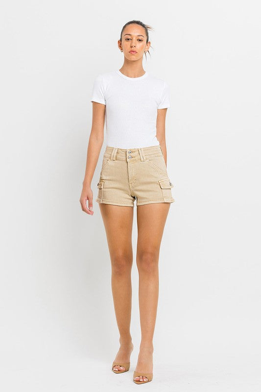 VERVET Khaki High Rise Double Waistband Cargo Pockets Stretch Denim Shorts