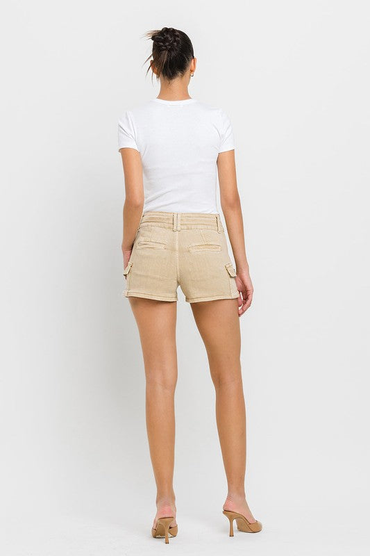 VERVET Khaki High Rise Double Waistband Cargo Pockets Stretch Denim Shorts