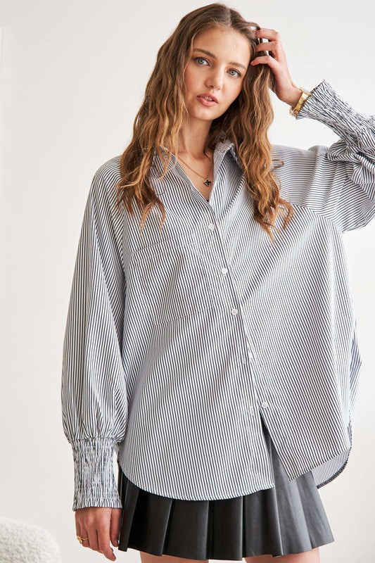 ADORA High-Low Striped Print Button Down Smocked Cuff Sleeves Shirt | Gray