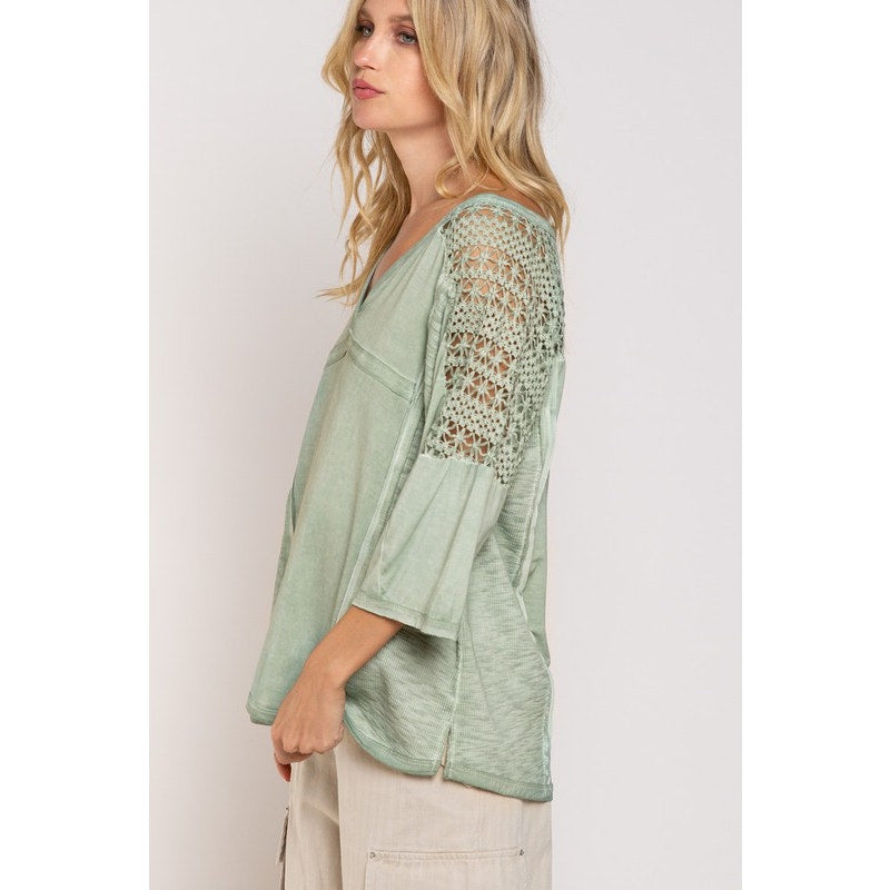 POL Feminine Boho Crochet Sleeves Raw Edge Back Yoke Soft Sage Blouse | Size S