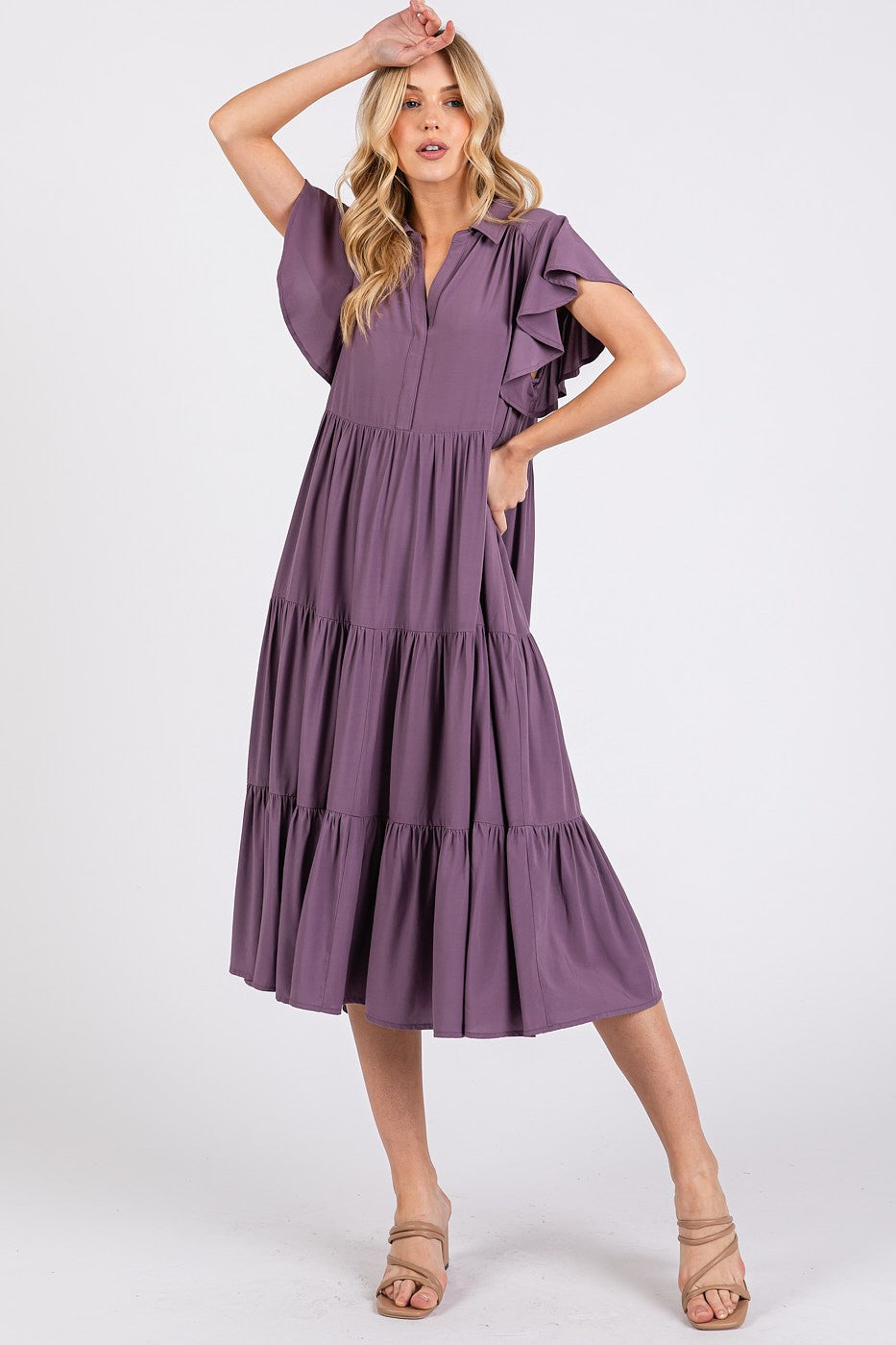 Mittoshop Ruffle Sleeve Collared V Neck Tiered Midi Dress | Mauve