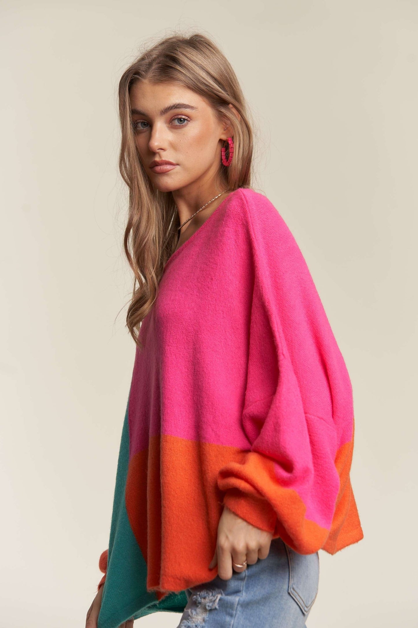 ADORA Color Block Long Sleeves Round Neck Oversized Pullover Sweater | Hot Pink