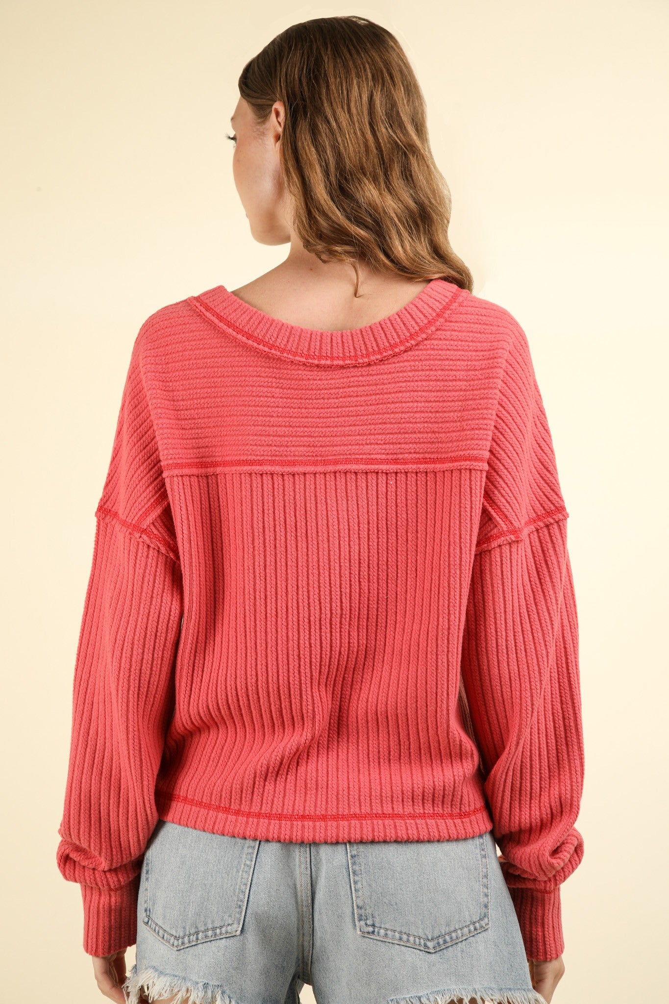 VERY J Exposed Seam V-Neck Long Sleeves Relaxed Fit Soft Ribbed Knit Top | Pink