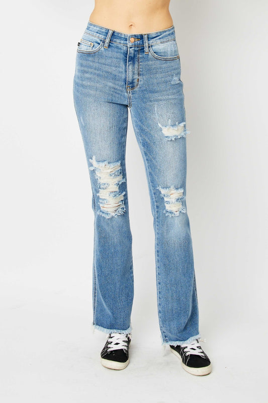 Judy Blue Full Size Distressed Mid Rise Raw Hem Zip Fly Bootcut Jeans