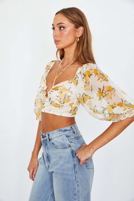 ONE & ONLY Floral Print Chiffon Balloon Sleeves Bustier Crop Top