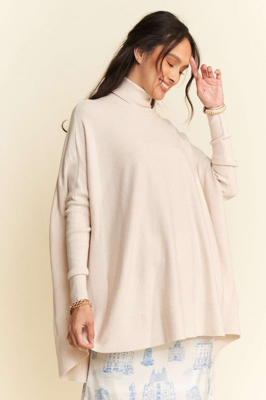 Davi & Dani High-Low Turtleneck Long Sleeves Loose Fit Knit Sweater | Cream