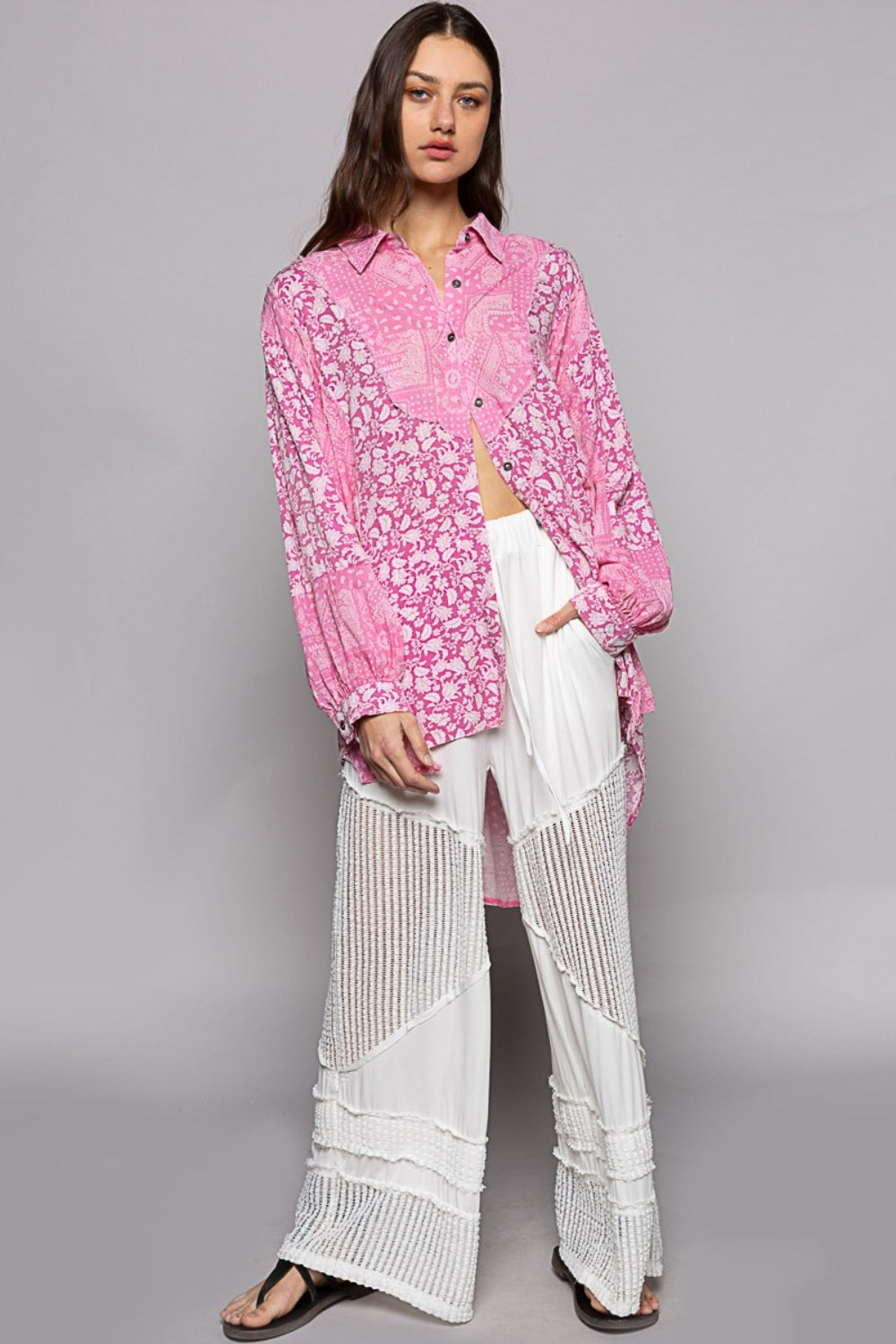 POL Button Down Long Sleeves Paisley Pattern High-Low Hem Oversized Shirt | Pink