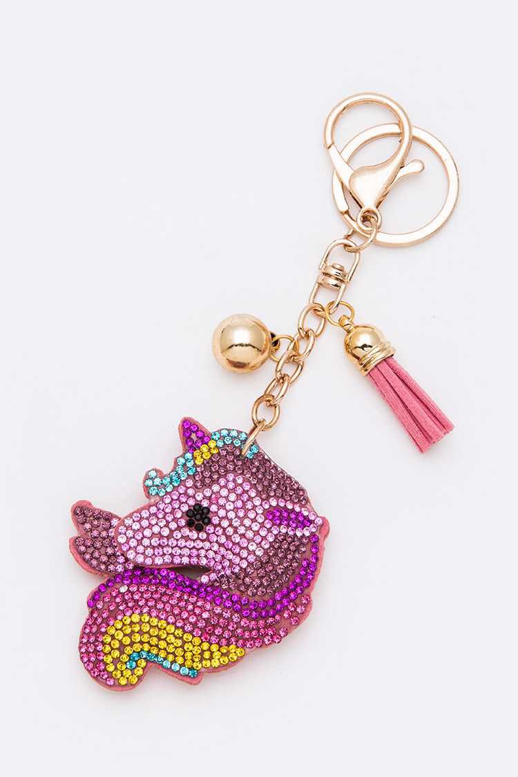 Adorable Crystal Unicorn Pillow Puffy Tassel Keychain with Bag Charm | Pink