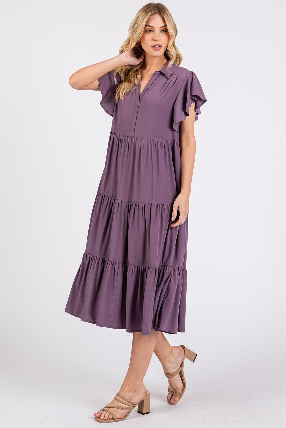 Mittoshop Ruffle Sleeve Collared V Neck Tiered Midi Dress | Mauve