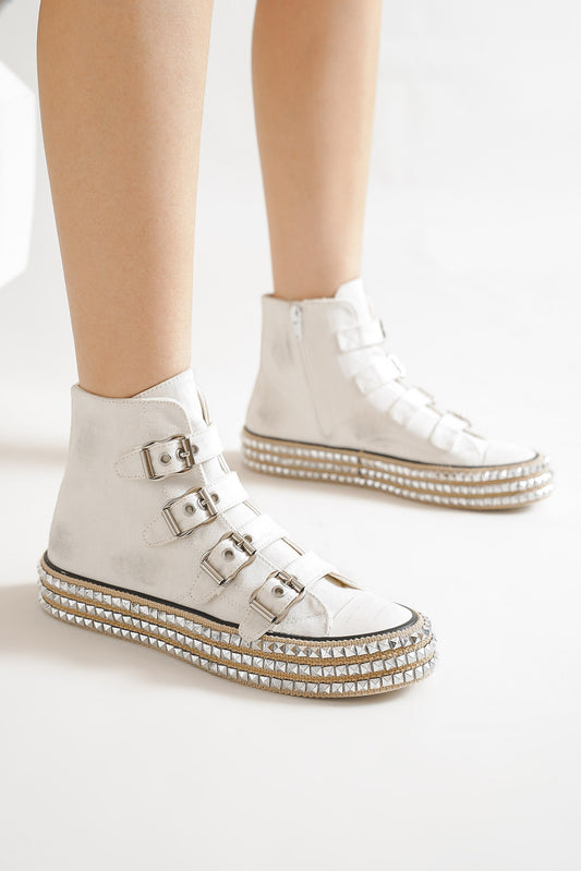 Beast Fashion Multi Buckle Straps Studded Platform Espadrille Sneakers | White