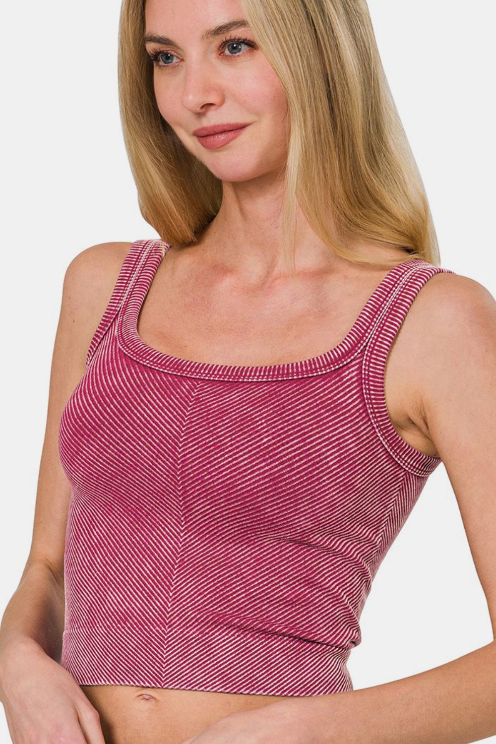 Zenana Stone Washed Ribbed Scoop Neck Seamless Wide Strap Tank Top | Burgundy