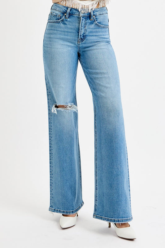 RISEN Tummy Control High Rise Distressed Knee Medium Washed Wide Leg Denim Jeans