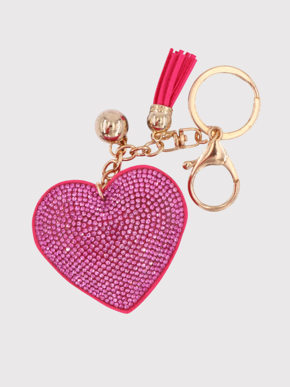 Adorable Crystal Heart Pillow Puffy Tassel Keychain with Bag Charm | Fuchsia