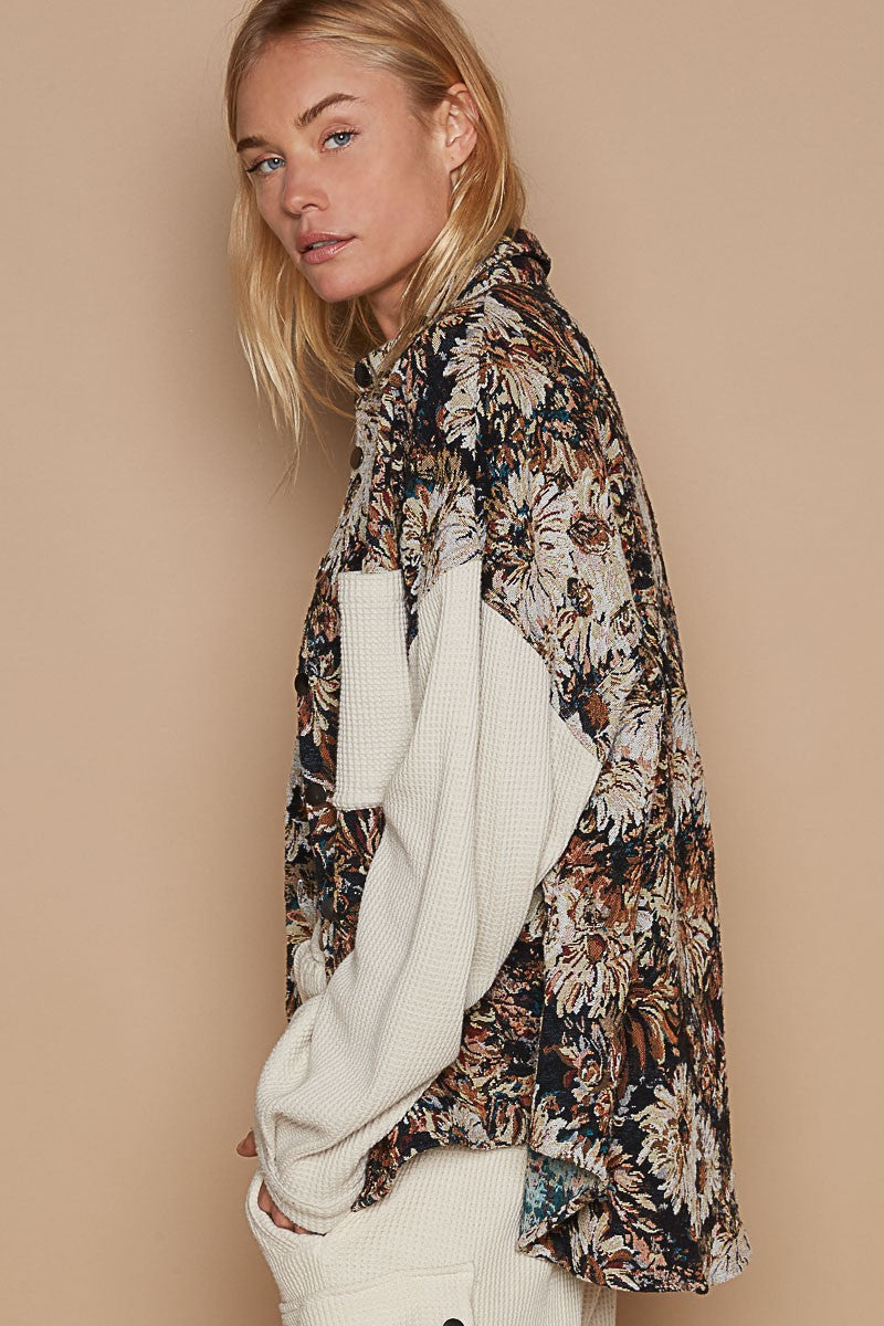 POL Oversized Contrast Sleeves Button Down Floral Jacquard Shirt | Latte Mocha