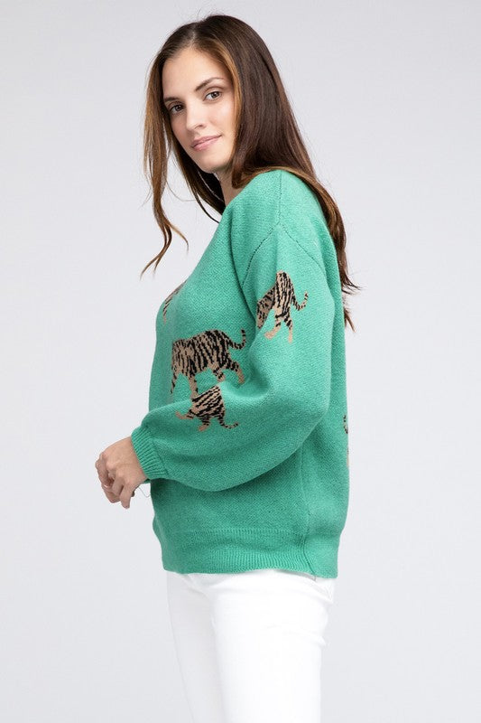 BiBi Relaxed Fit Tiger Pattern Long Sleeves Pullover Sweater