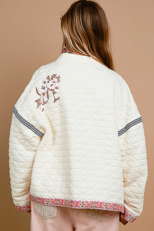 POL Vintage Washed Embroidered Open Front Long Sleeves Quilted Jacket | Cream