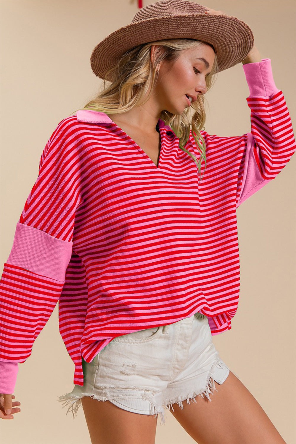 BiBi Contrast Striped Pattern Long Sleeves Loose Fit Knit Top | Pink