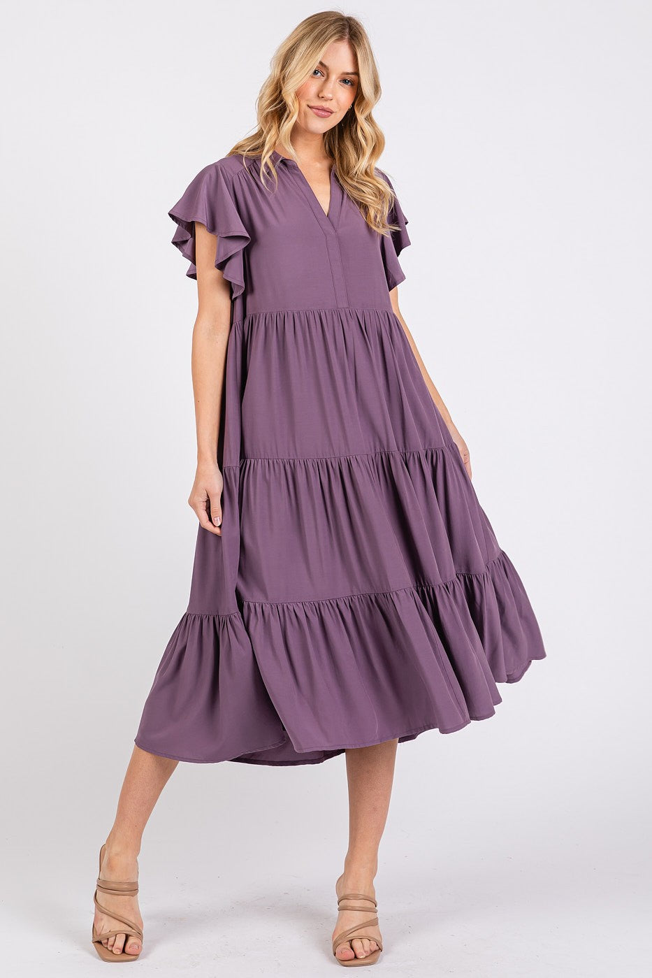 Mittoshop Ruffle Sleeve Collared V Neck Tiered Midi Dress | Mauve