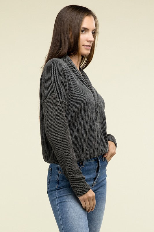 ZENANA Textured Line Elastic Waist Half Closure Front Pullover Top